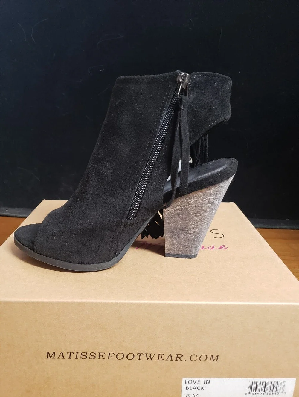 Coconuts by Matisse Black Suede Peep-Toe Tassel Block Heel Booties